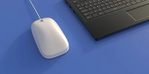 Computador Mouse Cor Branca Com Cabo Laptop Fundo Cor Azul — Fotografia de Stock
