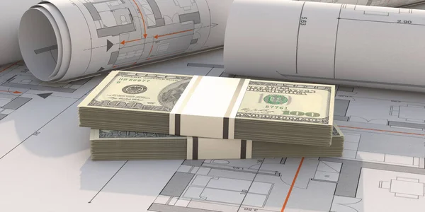 Construction project cost, budget or loan concept. Money american dollars banknotes on blueprint plans background. 3d illustration