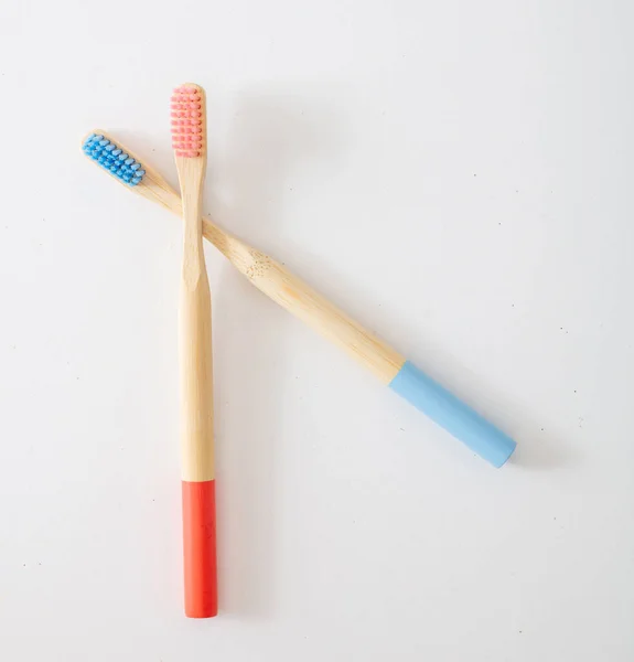 Pink Blue Bamboo Toothbrushes Isolated White Background Eco Friendly Zero — Stock Photo, Image