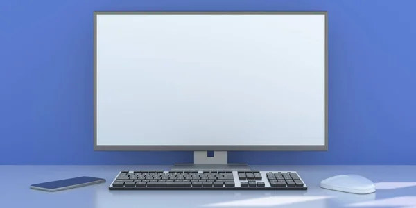 Leerer Weißer Bildschirm Auf Einem Computer Desktop Monitor Blauer Wandhintergrund — Stockfoto