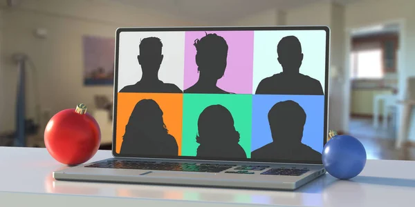 ビデオ通話 オンラインビジネスミーティング 自宅からの仕事 コロナウイルスCovid19パンデミック ノートパソコンの画面上の人々のグループは クリスマスの背景に飾られた 3Dイラスト — ストック写真