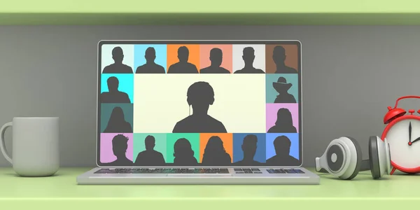 オンラインスクールクラスコース 学生ビデオ会議コール コロナウイルスCovid19パンデミック ラップトップの画面上の人々のグループは ホームオフィスの背景 3Dイラスト — ストック写真