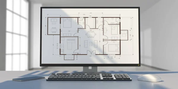 Інженер Архітектор Офісний Стіл Створення Плану Проектів Екрані Комп Ютера — стокове фото
