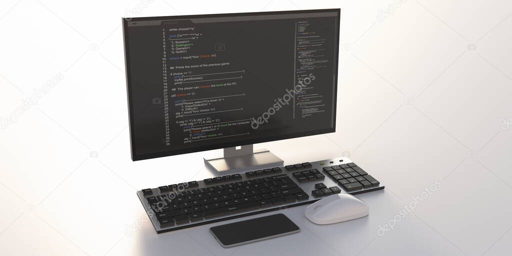 Programming code, software, developing coding technologies concept. Text on a computer desktop screen isolated on white background. 3d illustration