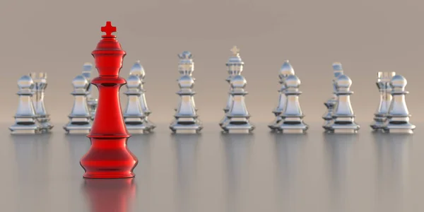 商业成功的概念 国际象棋之王的红色站在灰色背景的银色国际象棋的对面 3D说明 — 图库照片