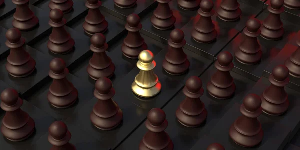チェスの駒の駒の金 茶色の質素な群衆の周り 黒の背景 多様性 包摂性 同盟概念 3Dイラスト — ストック写真