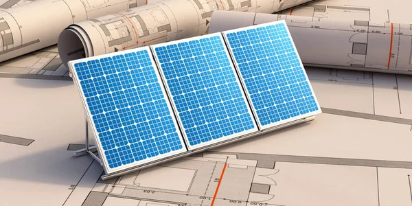 Aurinkoenergiaa Energiatehokas Talonrakentaminen Vihreä Uusiutuva Vaihtoehtoinen Energialähde Aurinkosähköpaneelit Talon Piirustus — kuvapankkivalokuva