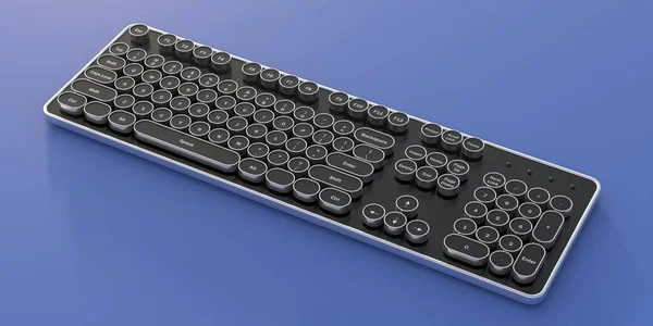 电脑键盘蒸汽灌篮风格 复古未来主义键盘与圆形黑色按钮和蓝色背景的铬金属细节 以上视图 3D说明 — 图库照片