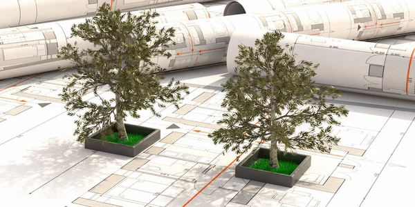 Arquitecto Landcsape Árvores Planta Construção Residencial Jardim Parque Softscape Design — Fotografia de Stock