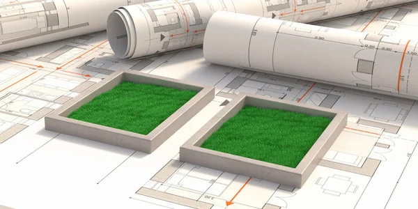 ランドスケープアーキテクト 青写真の草 住宅の建物の庭 公園の風景のデザインと建設 3Dイラスト — ストック写真