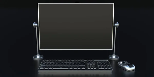 スチームパンクなオフィスワークスペース 黒の背景に空のコンピュータ画面 キーボードとマウス フロントビュー スペース テンプレートをコピーします 3Dイラスト — ストック写真