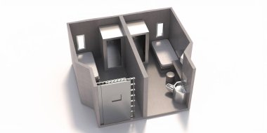 Hapishane hücre çift ünitesi beyaz arka planda izole. ADX maksimum güvenlikli cezaevi içerisi. 3d illüstrasyon