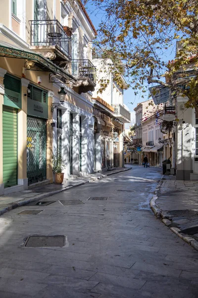 Atenas Grécia Dezembro 2020 Lojas Fechadas Rua Adrianou Vazia Centro — Fotografia de Stock