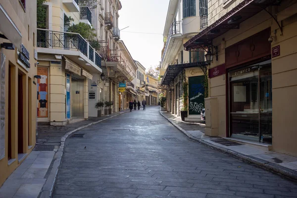 Atenas Grécia Dezembro 2020 Lojas Fechadas Rua Adrianou Vazia Centro — Fotografia de Stock