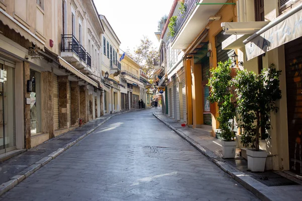 Atenas Grécia Dezembro 2020 Lojas Fechadas Rua Adrianou Vazia Centro — Fotografia de Stock