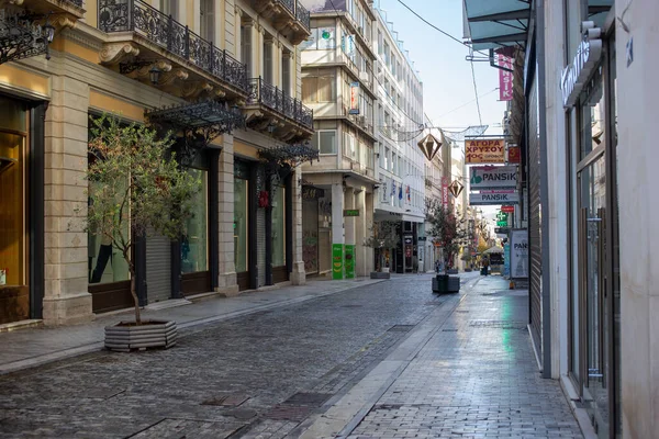 Centro Cidade Atenas Grécia Dezembro 2020 Lojas Fechadas Rua Ermou — Fotografia de Stock