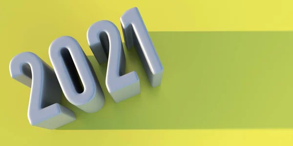 2021年新年数字在明亮的黄色背景 银色数字 贺卡模板 复制空间 3D说明 — 图库照片