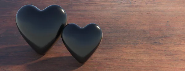 Dos Corazones Negros Oscuros Sobre Fondo Madera Plantilla Tarjeta San — Foto de Stock