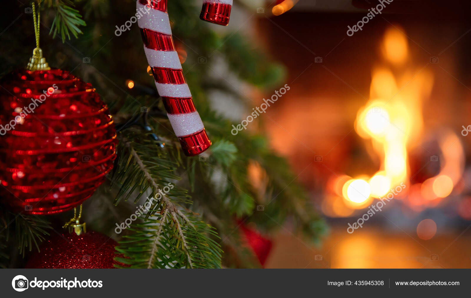 Christmas Tree Burning Fireplace Background Warm Cozy Xmas Holiday Home