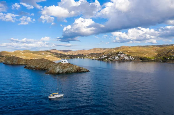 Greece Kea Tzia Island Lighthouse Nicolas Church Rocky Cape Aerial — Stock Photo, Image