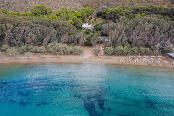 Kea Tzia Sziget Kerékpárok Görögország Gialiskari Öböl Tengerparti Drón Kilátás — Stock Fotó