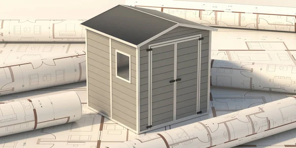 Garden shed on project blueprint background. Gray color prefab gardening tools storage shed in the house backyard. 3d illustration
