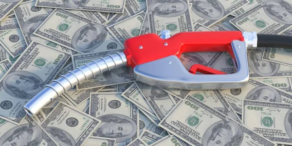 Gas Nozzle Red Gasoline Pump Dollars Background Fuel Station Refuel — Stock Photo, Image