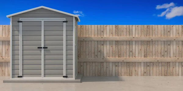 Garden shed, wooden fence and blue sky background. Gray color prefab gardening tools storage shed in the house backyard. 3d illustration