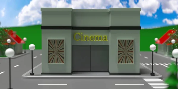 Kino Kreskówkowe Centrum Izometryczny Szyld Fasada Szary Budynek Oglądania Filmu — Zdjęcie stockowe
