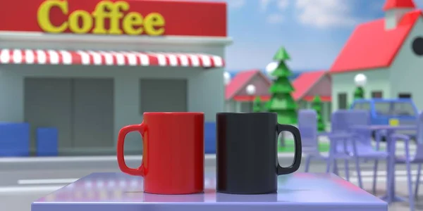 Rajzfilm Kávésbögre Piros Fekete Szín Asztalon Belvárosban Izometrikus Utcai Kávézó — Stock Fotó