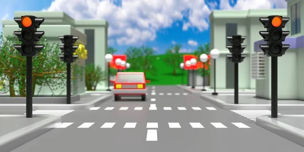 Cartoon red traffic lights downtown concept. Isometric, illuminated controlled traffic signals forbidden drivers continue the way, stoplight at cityscape. Blur nature, town background. 3d illustration