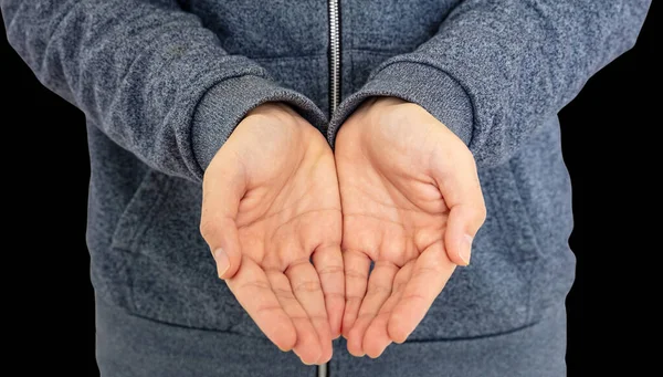 Hombre Ofreciendo Vacías Manos Ventosas Aisladas Sobre Fondo Negro Manos — Foto de Stock