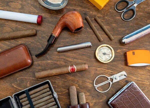 Smoking Set Accessories Cigars Pipe Cigarillos Cigarettes Cutters Lighters Cases — Stock Photo, Image