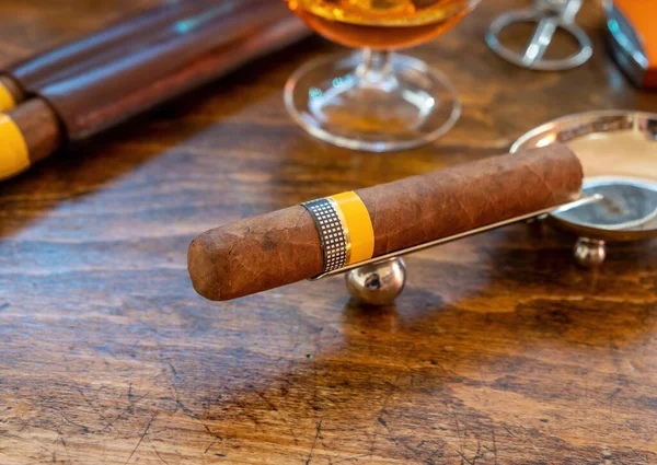 Tabak Und Alkohol Zigarre Und Brandy Auf Einem Holztisch Nahaufnahme — Stockfoto