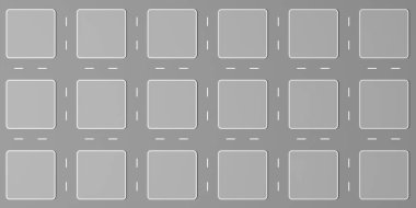 Şehir merkezindeki çizgi film şehri, izometrik bloklar haritası, üst manzara. Kasaba banliyösünün üstünde, sokaklar ve meydanlar inşa edilecek. İnşaattan önce dizayn. Pankart. 3d illüstrasyon