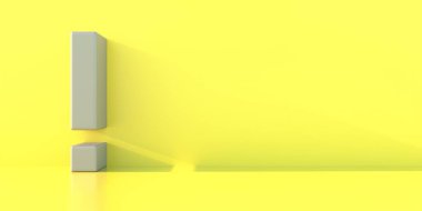 Ünlem, dikkat uyarı konsepti. Boş sarı duvar zemininde ünlem işareti, model, şablon. Gölgeli noktalar, uzay. 3d illüstrasyon