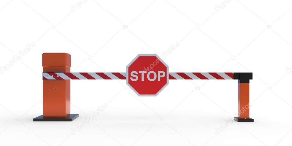 Car barrier gate with stop sign isolated on white background, Closed automatic boom, security system block vehicle crossing, checkpoint. Check before entry exit concept. 3d illustration