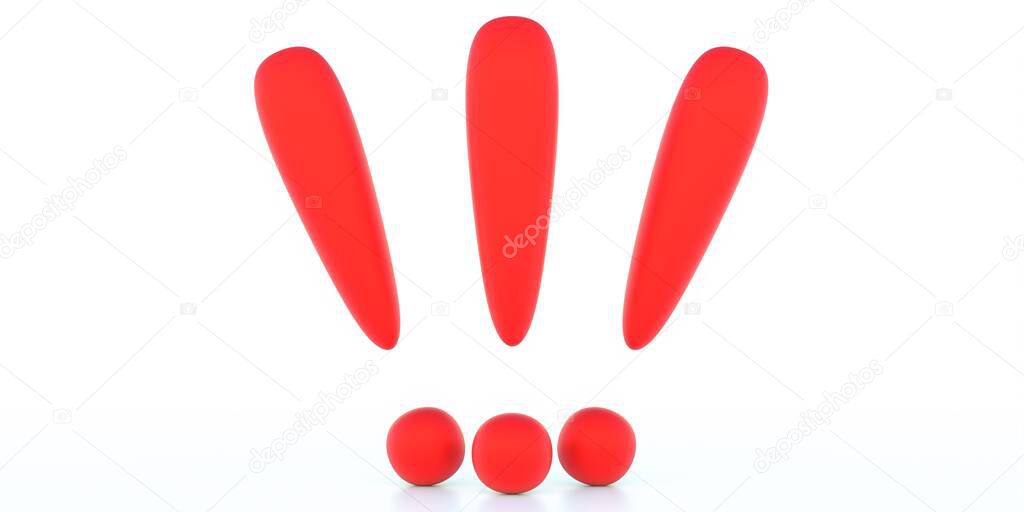 Exclamation, attention warning concept. Red exclamation mark signs isolated on white background. Hazard warning, attention symbol. 3d illustration