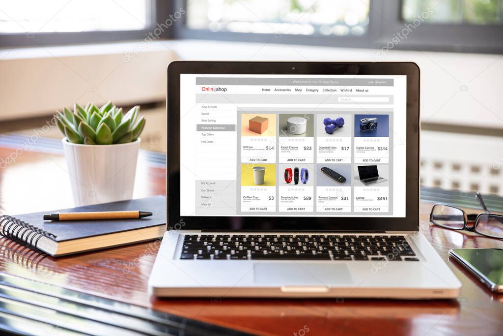 Online shop website, Eshop, ecommerce, digital marketing web page on a laptop screen, office desk background