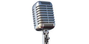 Mikrofon retro tarzı, mikrofon ya da mikrofon. Beyaz arka planda izole edilmiş profesyonel klasik metal cihaz. Müzik, stüdyo kayıt konsepti, 3D illüstrasyon
