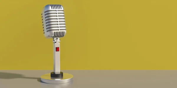 Retro Microphone Grey Table Empty Yellow Wall Background Live Audio — Stock Photo, Image