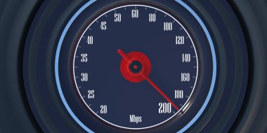İnternet hız testi, araba hız göstergesinde 200 Mbps, yakın görüş. Hızlı internet bağlantısı kavramı. 3d illüstrasyon
