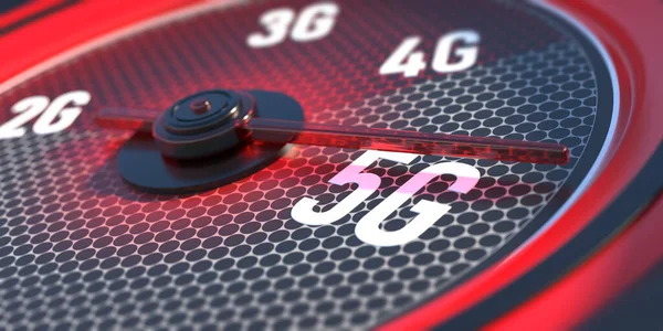 5G网络无线技术 高速互联网连接 达到5G 汽车速度计 互联网速度测试 特写镜头 3D说明 — 图库照片