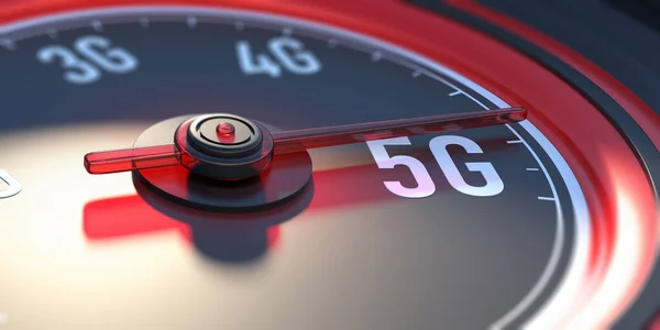 5G网络无线技术 高速互联网连接 达到5G 汽车速度计 互联网速度测试 特写镜头 3D说明 — 图库照片