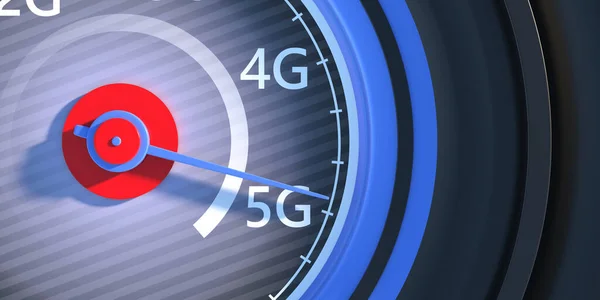 5G网络无线技术 高速互联网连接 达到5G 汽车速度计 互联网速度测试 特写镜头 3D说明 — 图库照片