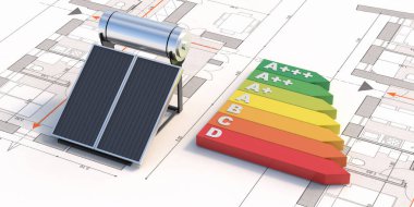 Projenin arka planında güneş suyu ısıtma sistemi ve enerji verimliliği şeması var. Yenilenebilir enerji tasarımı ve inşaat konsepti. 3d illüstrasyon