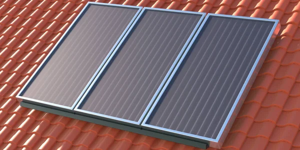 Pannelli Solari Casa Tegole Sfondo Collettori Fotovoltaici Riscaldamento Dell Acqua — Foto Stock