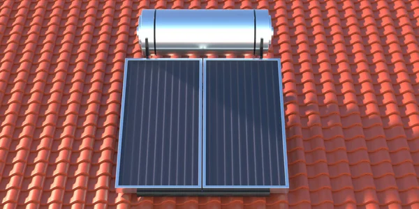 Solares Warmwasserbereitungssystem Auf Rotem Ziegeldachhintergrund Paneele Heizkessel Kollektor Haus Erneuerbare — Stockfoto