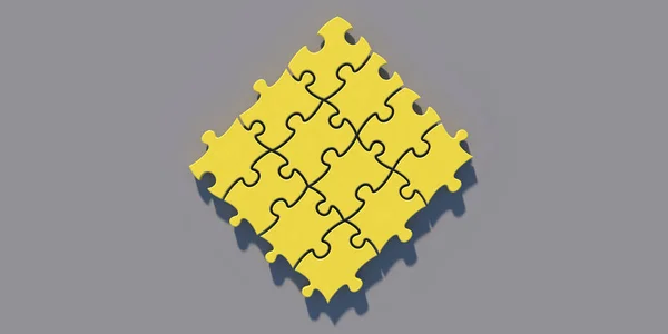 灰色背景的拼图空白瓷砖 网格模板4X4 16块黄色 复制空间 完整的游戏 所有部分连接在一起 3D说明 — 图库照片