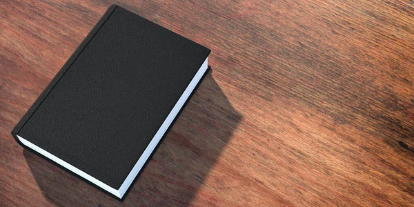 Boek Blanco Omslag Houten Tafelondergrond Gesloten Zwart Omslag Boek Template — Stockfoto